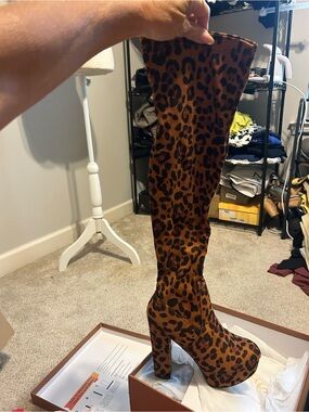 NEW Perphy Leopard Print Over-the-Knee Platform Boots - Brown/Black Sz 6.5